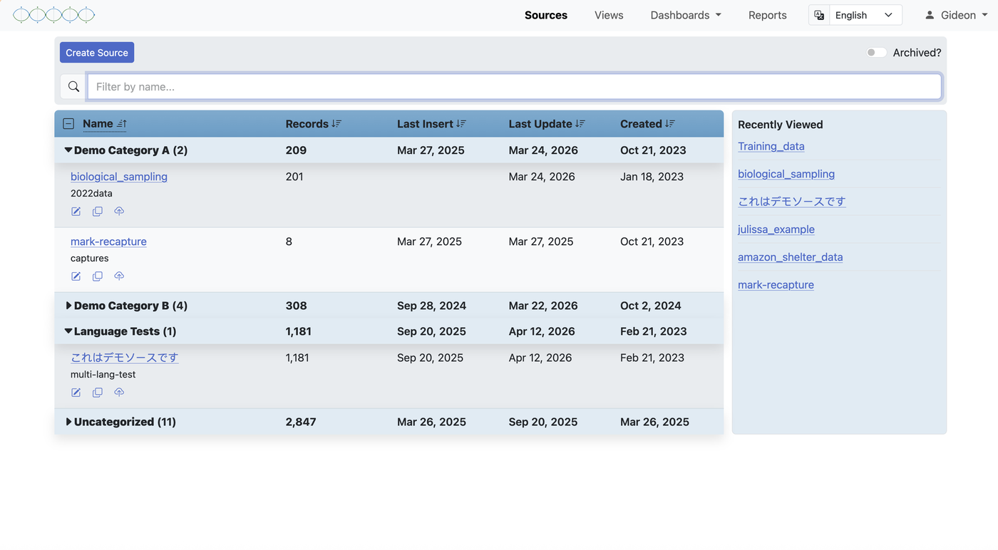 The Data Viewer interface showing the left sidebar with navigation, source list, main data table with multiple columns, and top action bar.
