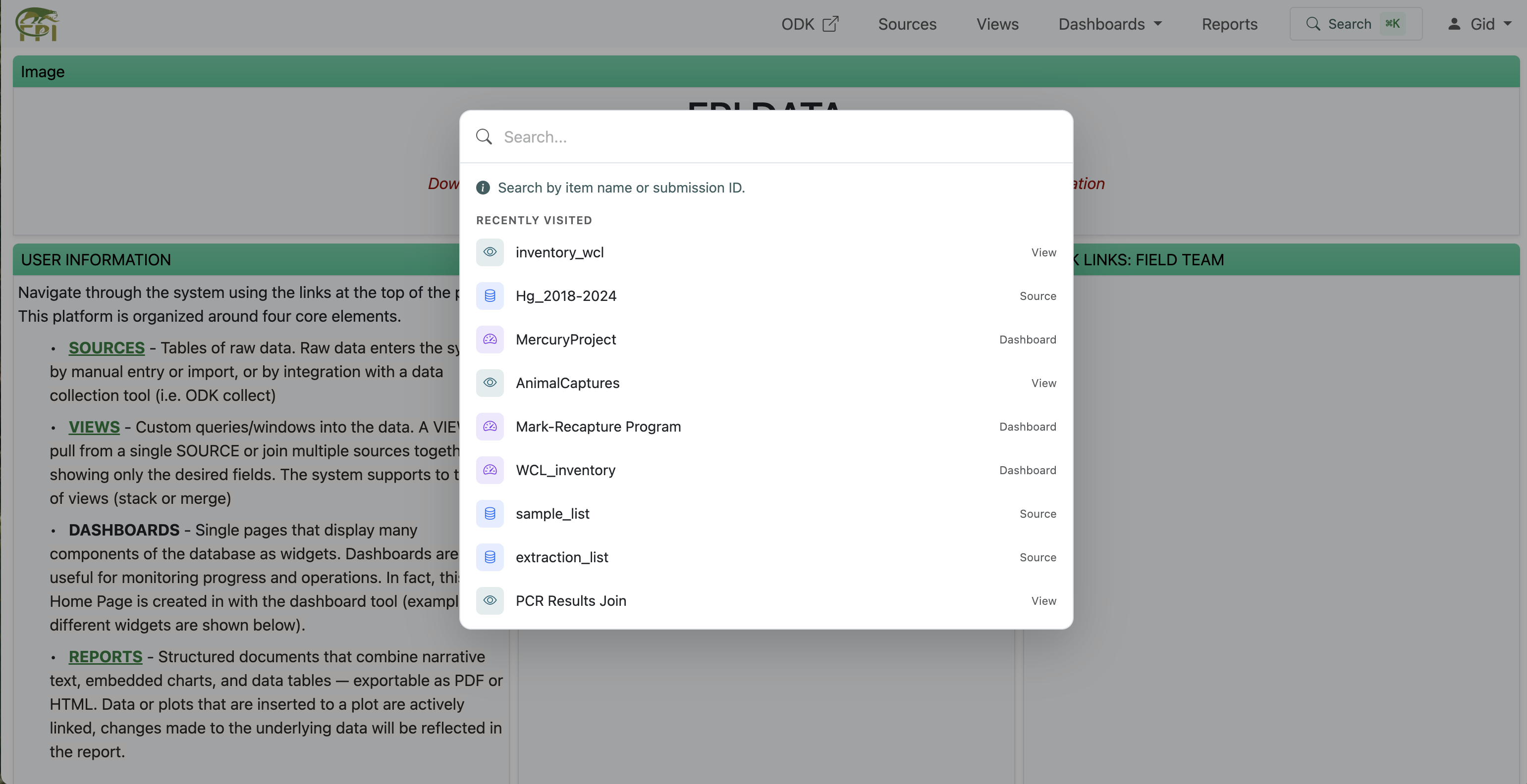 The global search popover showing the search input with the hint 'Search by item name or submission ID' and a Recently Visited list with sources, views, and dashboards labeled by type.