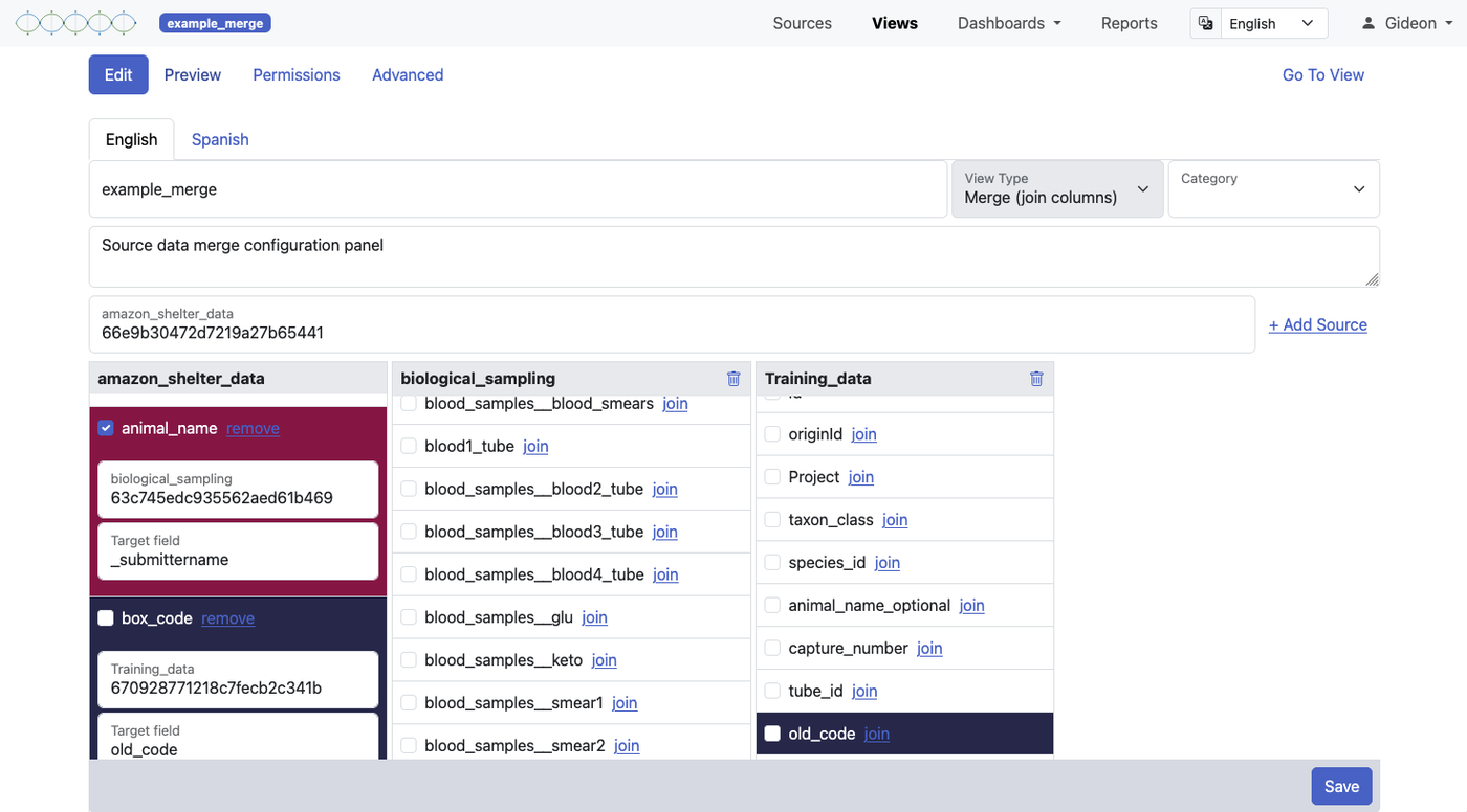 Merge view configuration showing primary source selection and linking setup.