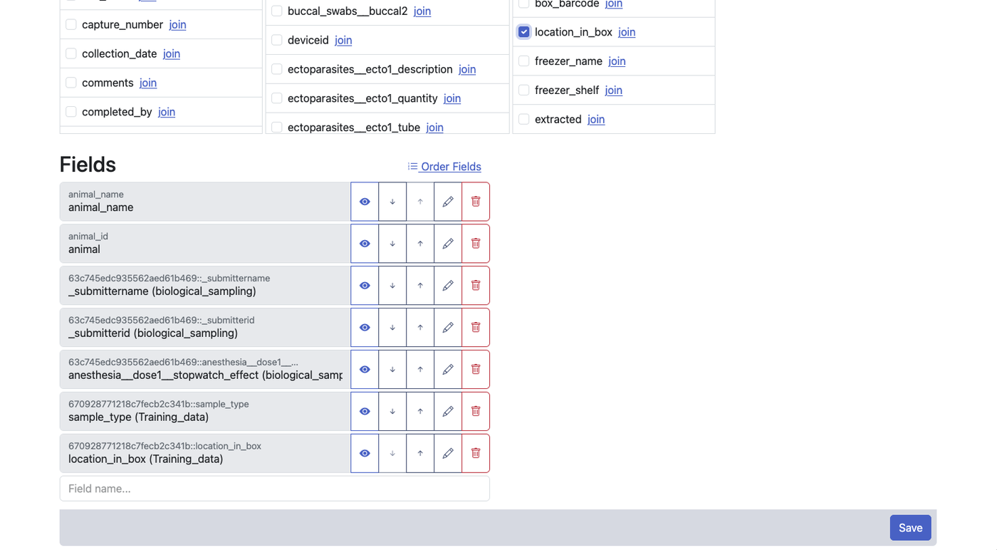 Merge view configuration showing field mapping and colour-coded column indicators.
