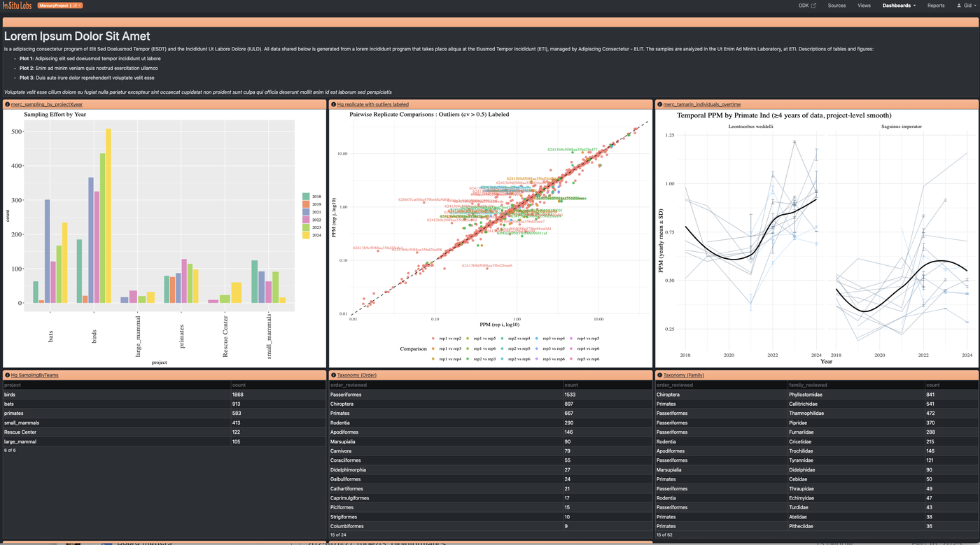 A populated dashboard displaying several chart widgets, a record list, and rich text context blocks.