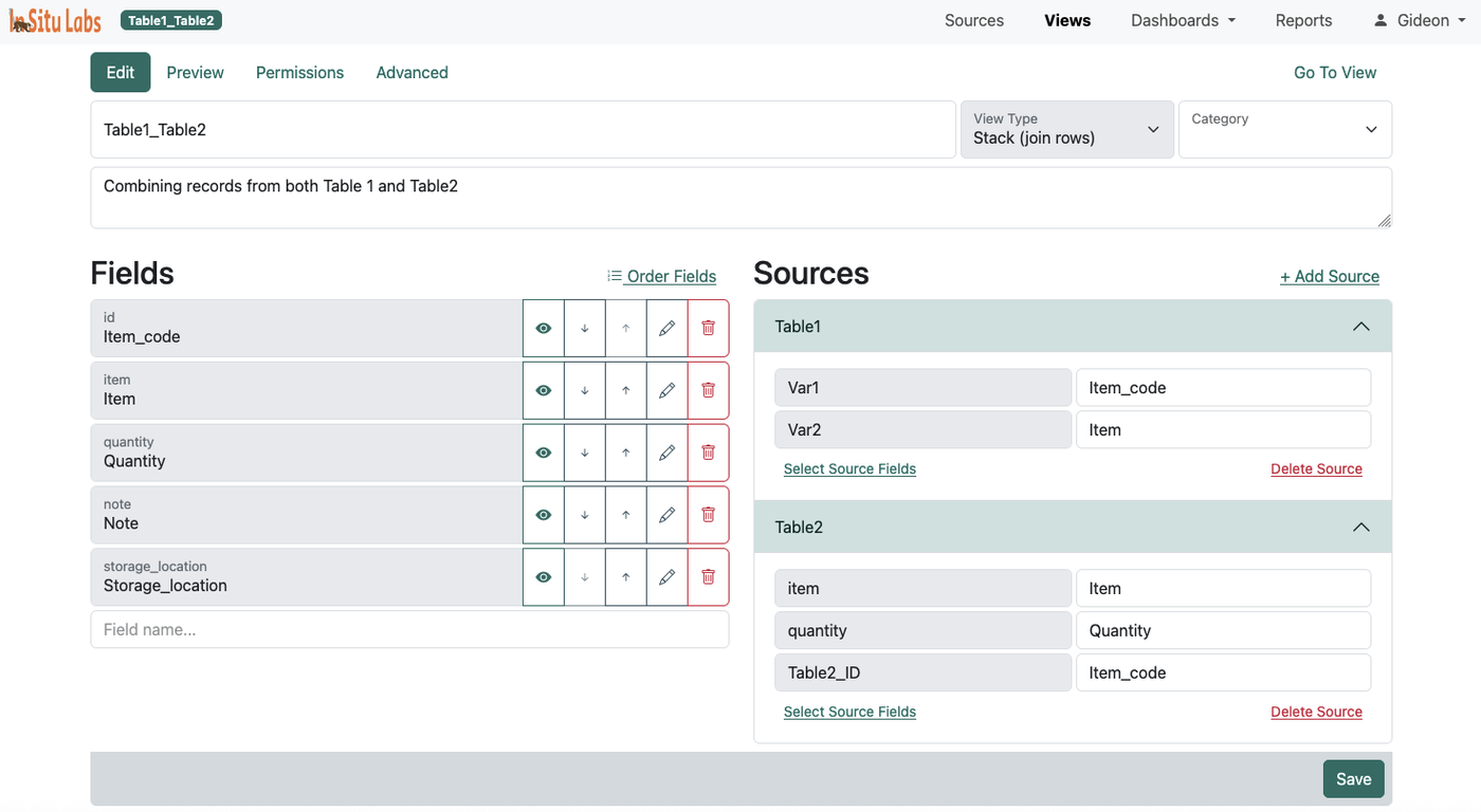 Stack view configuration showing multiple sources being combined vertically, with field mapping from each source to shared view fields.